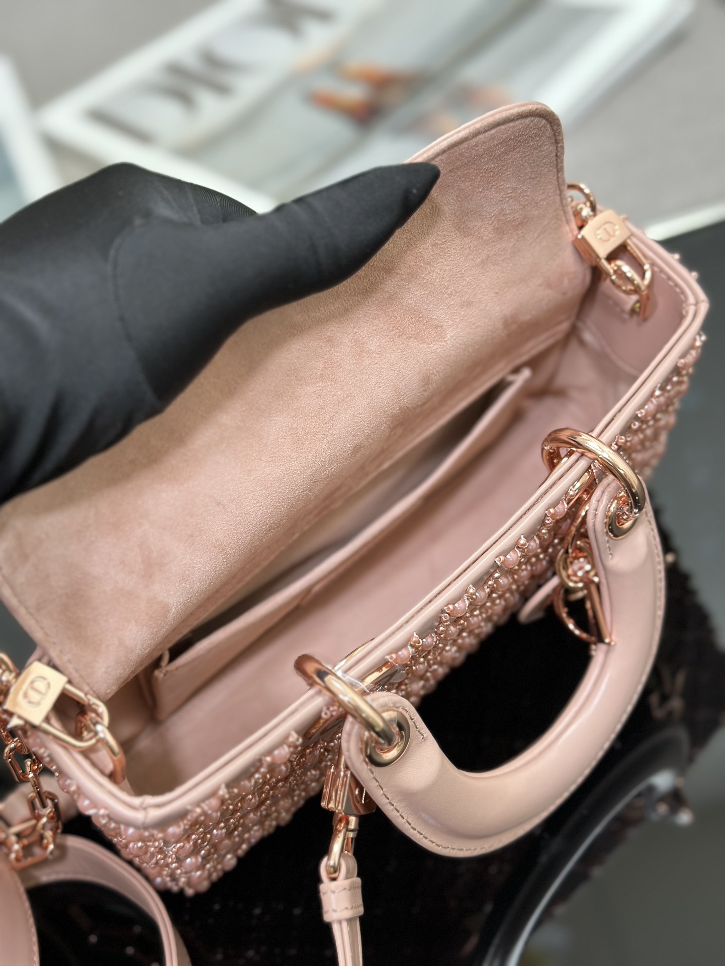 Small Lady D-Joy Bag Pink Calfskin Embroidered with Rose Gold Pearl 